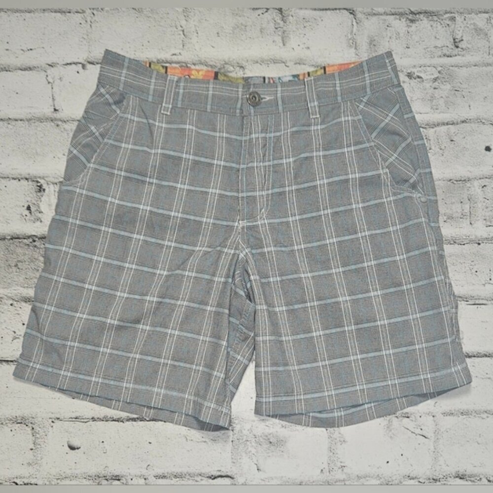 Lululemon Kahuna Mens 32 Plaid Golf Shorts Gray Blue Chino Flat Front